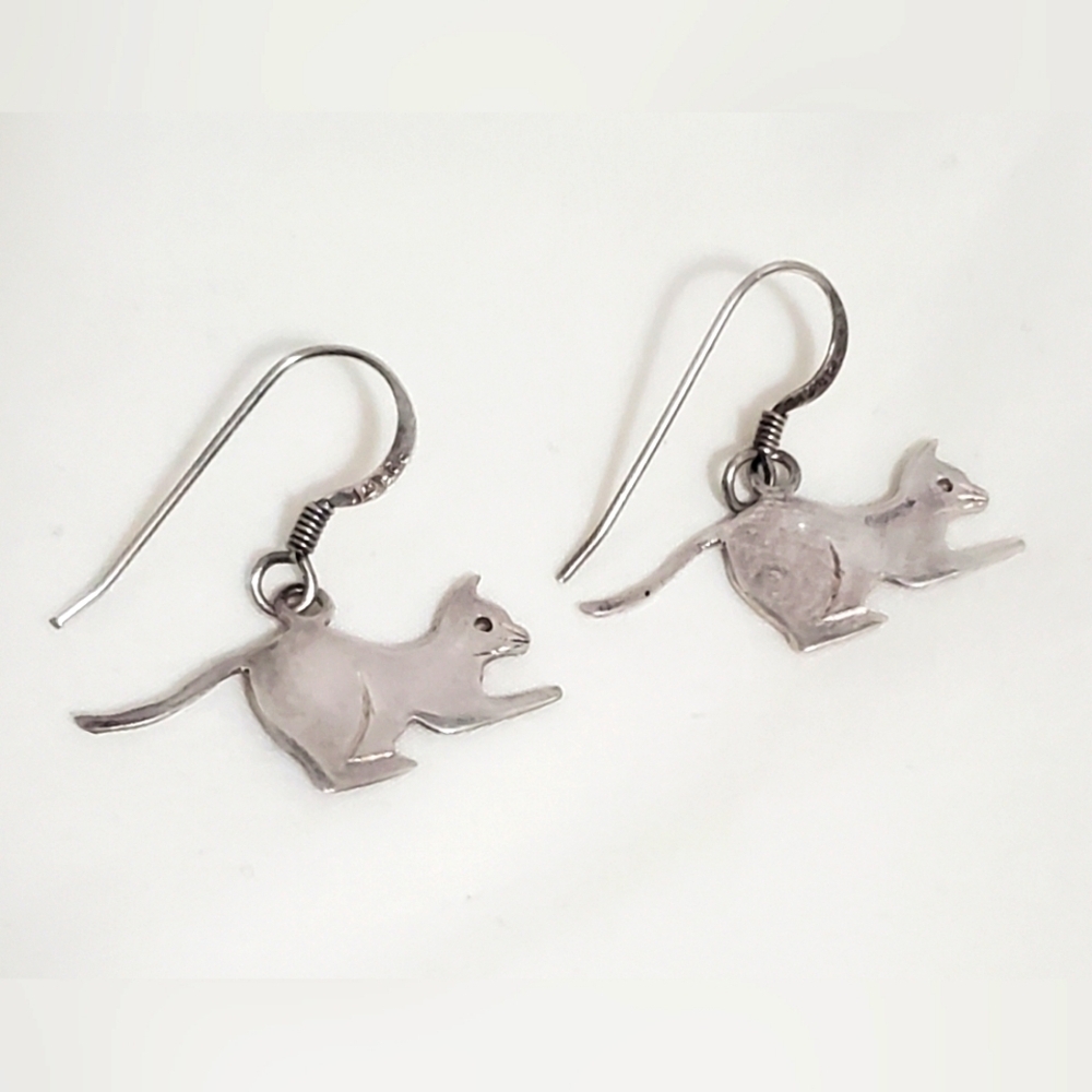 Vintage Sterling Silver Cat Dangle Earrings Cat Mom Whimsical Boho Pierced
